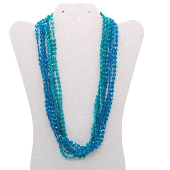 Multi Strand Blue Beaded Necklace Gold-Tone Clasp Faux Turquoise Center Accent - Picture 1 of 6